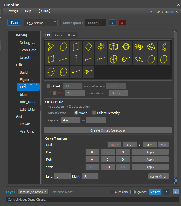 Ctrl sub-tab — Shape / Naming / Create / Curve