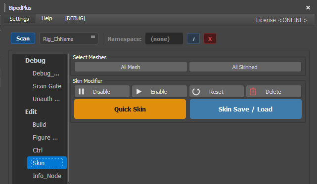 Skin panel (Quick Skin / Save Load)