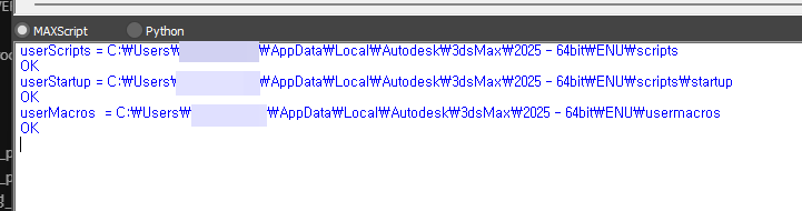 MAXScript Listener — userScripts / userStartup / userMacros paths