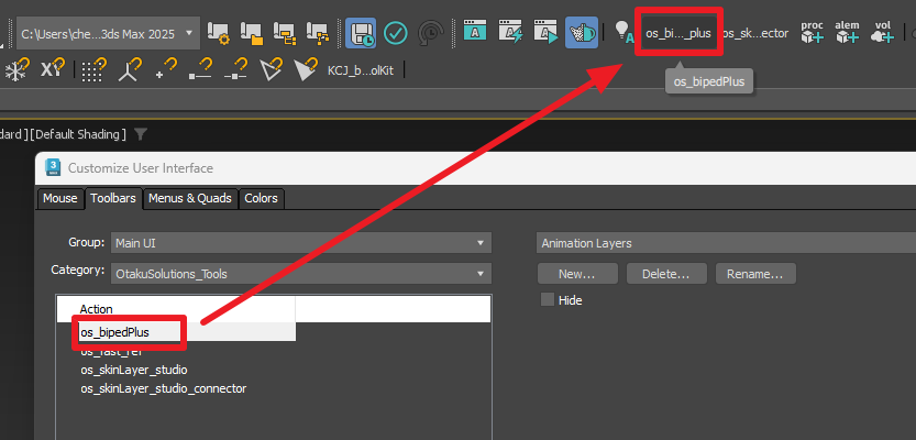 Drag os_bipedPlus action onto main toolbar