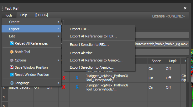 Tools > Export menu