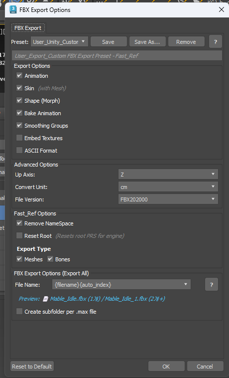 FBX Export Options dialog