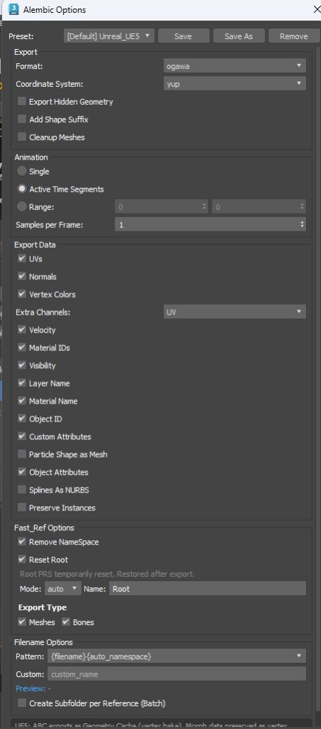 Alembic Options dialog