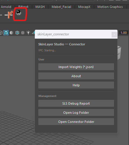 Maya connector window after the script runs