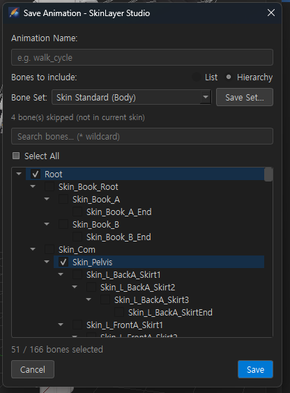 Save Animation — Hierarchy + Bone Set